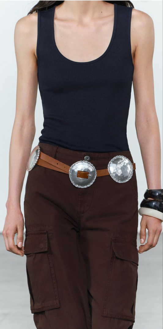 Leather belt with embossed metal  buckle