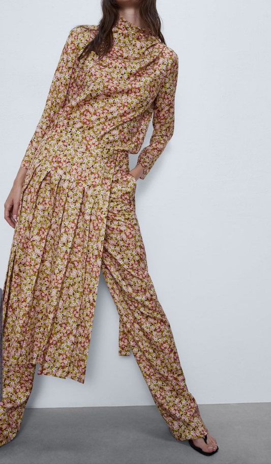 Satin floral dress pants